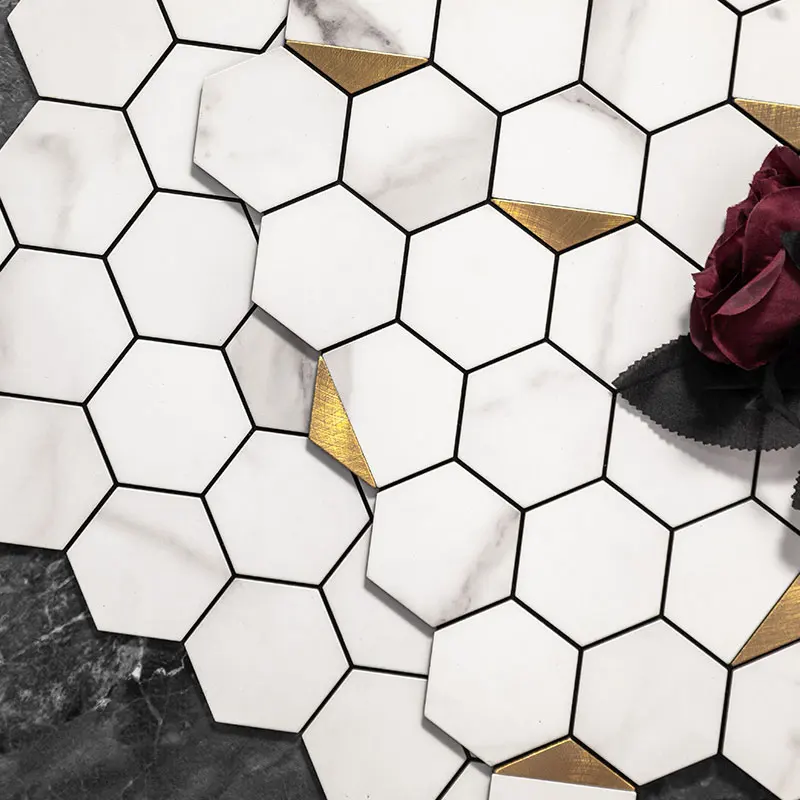 Classic Hexagonal Metal 3D Carrara Marble Look Aluminium Self Adhesive decorative Mosaic Tiles for kitchen backsplash