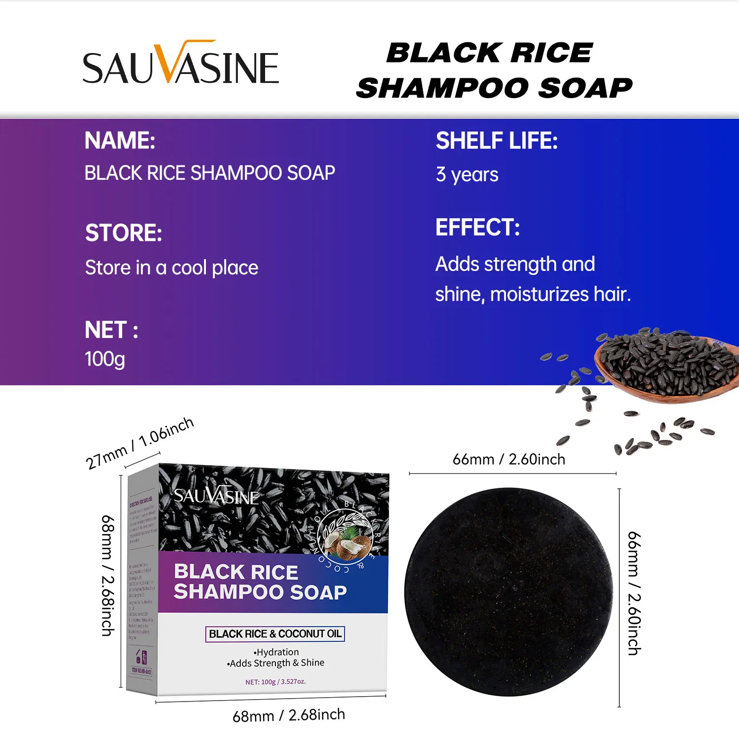 SAUVASINE Black Rice Germ Extract Glycerin Olive Oil Black Rice Shampoo Soap Natural Fruit Oil Shampoo Soap 100ML