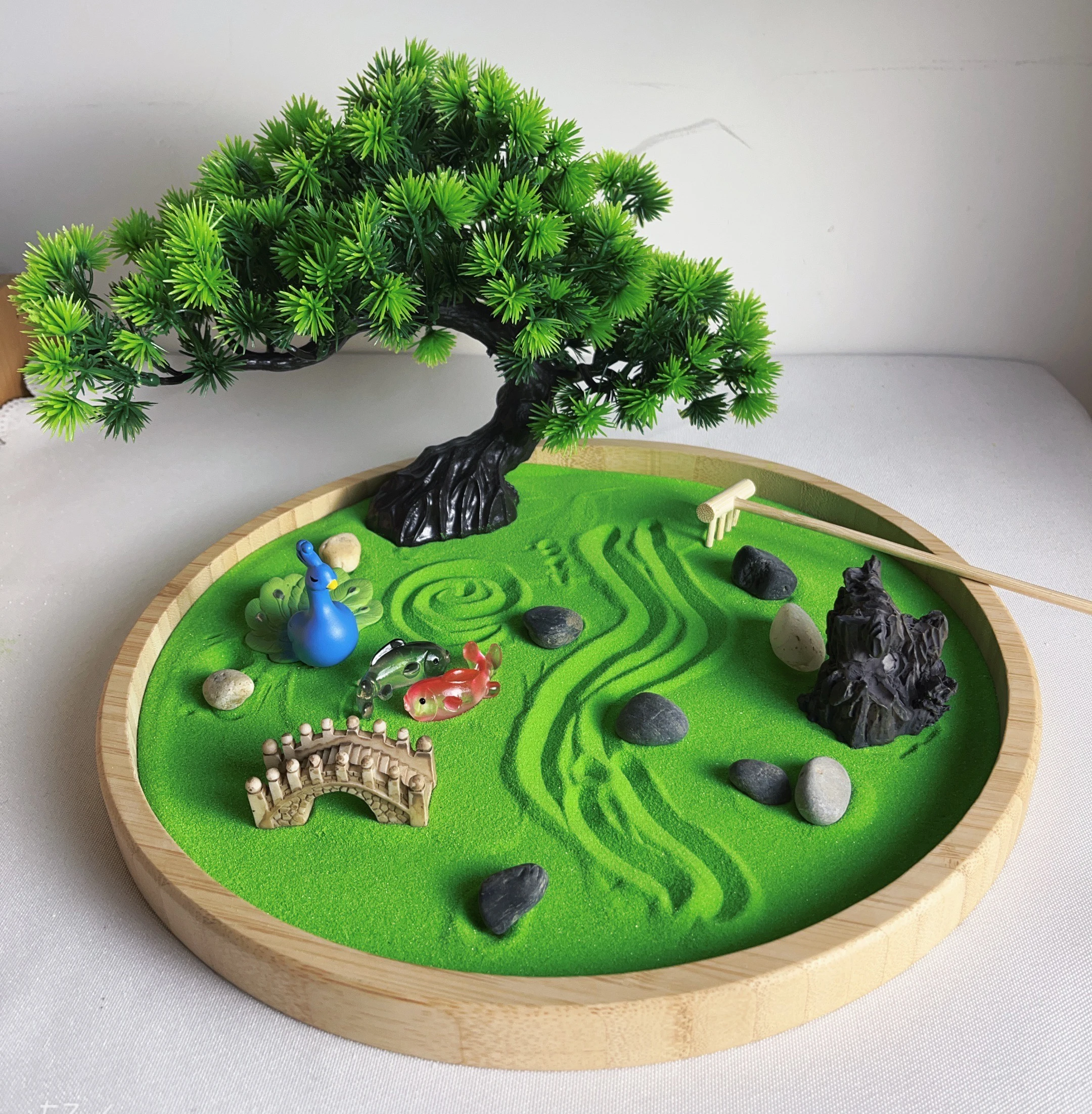 Custom Bamboo DIY Tree Zen Garden Kit Indoor Mini Zen Garden With Green Sand and Miniature For Desktop Decor