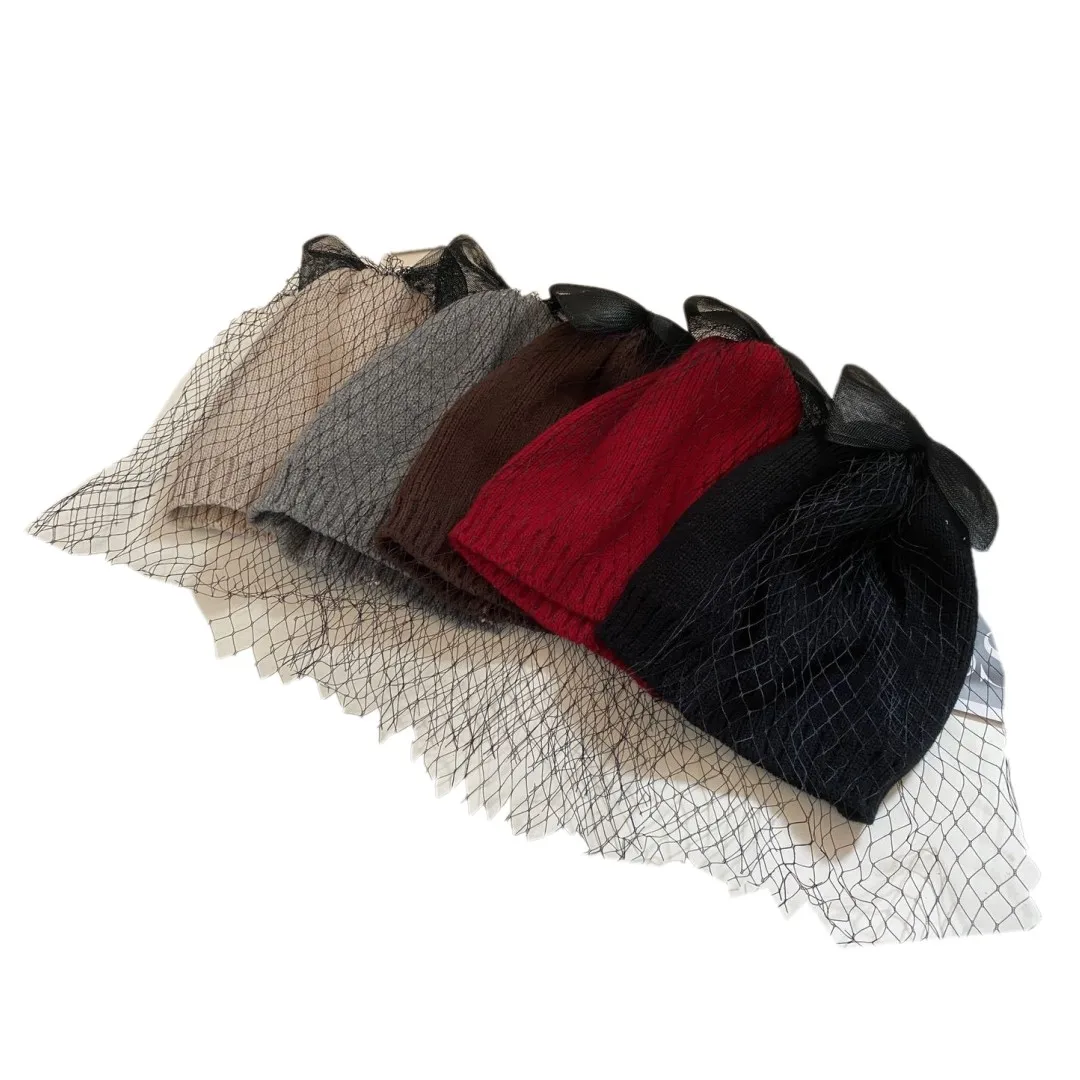 fashion womans beanie winter hats Chunky Stretch Knitted Beanie Hat Skull Thick Ski hat with bowknot & mesh veil