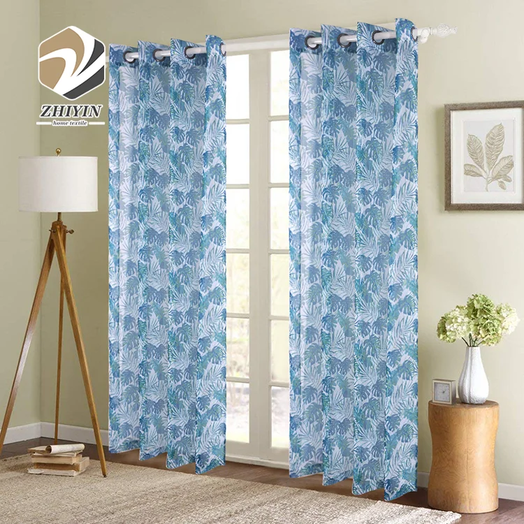 
Home decoration luxury blue print leaf 100% polyester classic curtains 