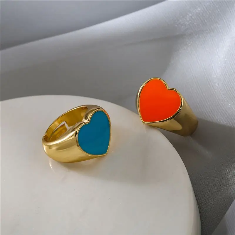 Women 18K Gold Plated Ring Heart Shape Plain Enamel Ring Handmade Enamel Heart Signet Ring