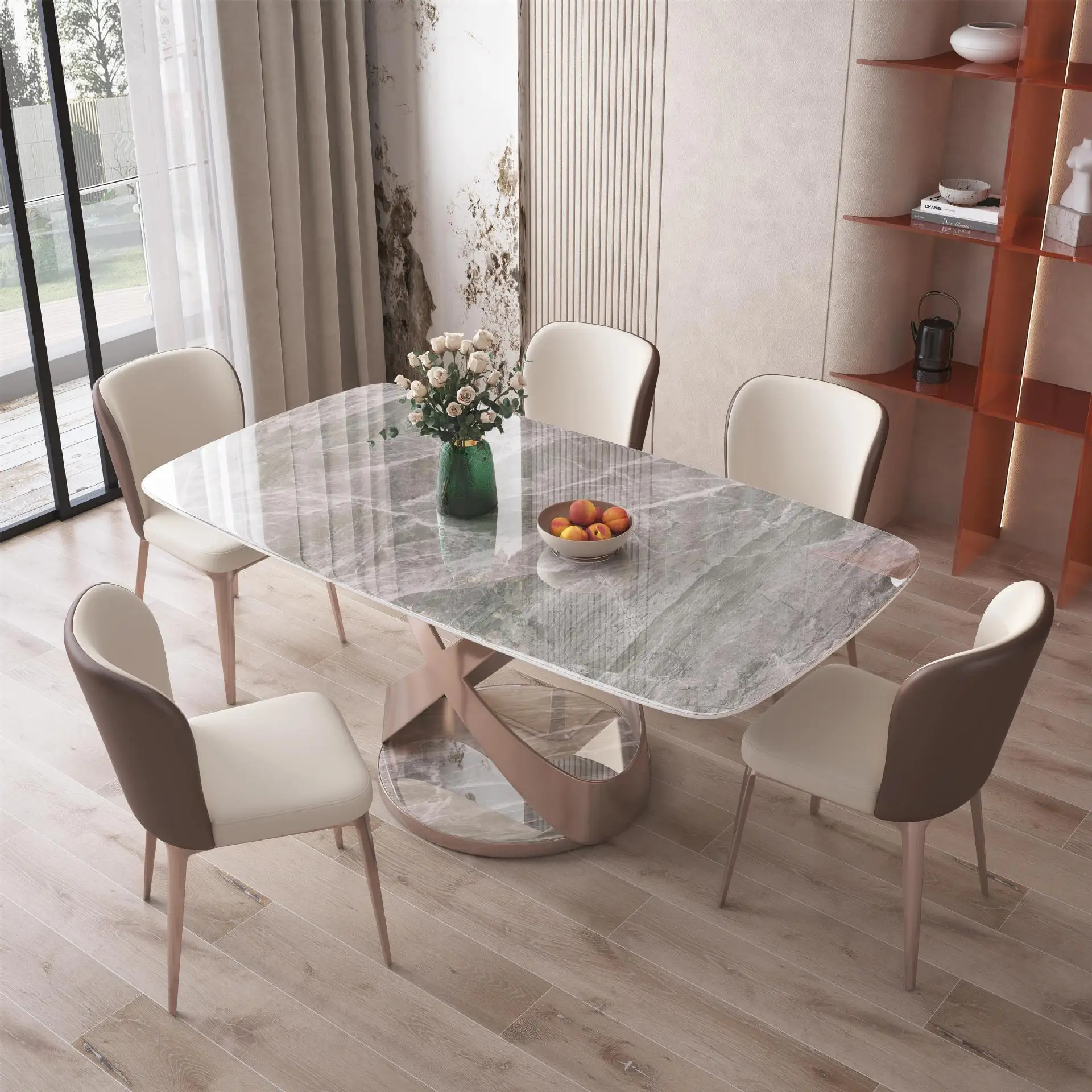 Modern Luxury Rectangular White Dinner Kitchen Dining Table with Rock Slab Stone Table Top and Metal Legs  for Dining Room