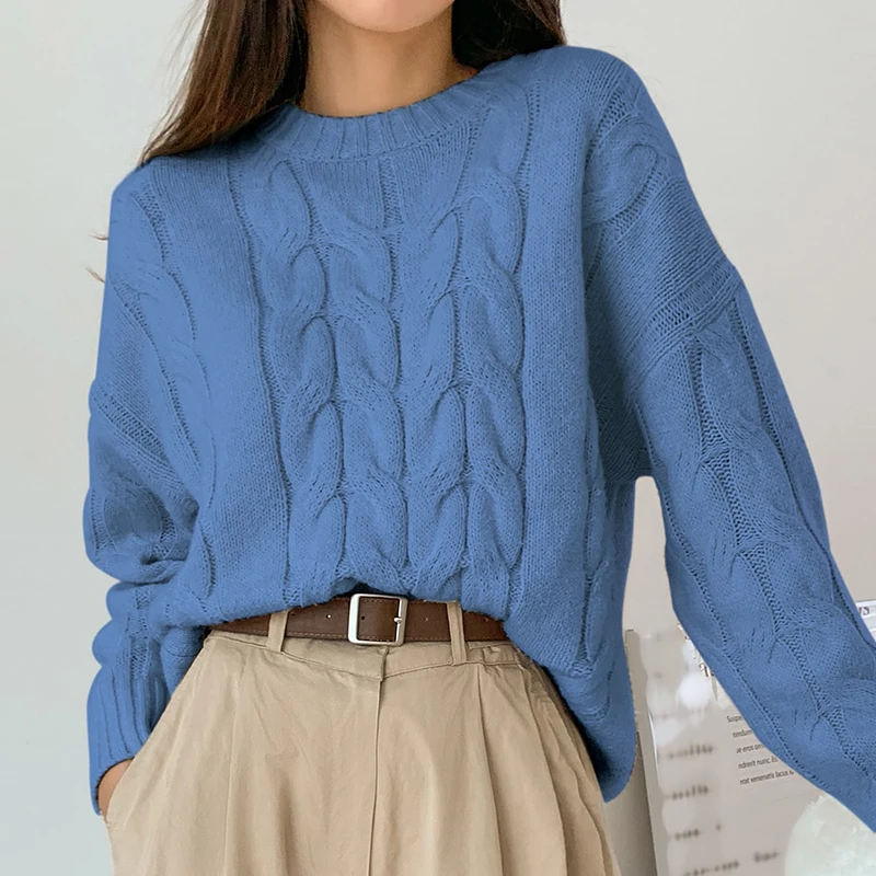Solid Color Ladies Casual Sweater Fashion Round Neck Big Braid Cable Rib Cashmere Sweater