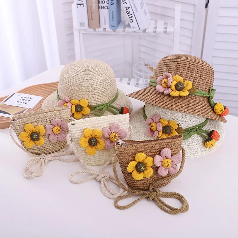 Summer Wholesale Matching Beach Double Flower Shade Lovely Princess Family Crossbody Straw Hats And Bag Sets