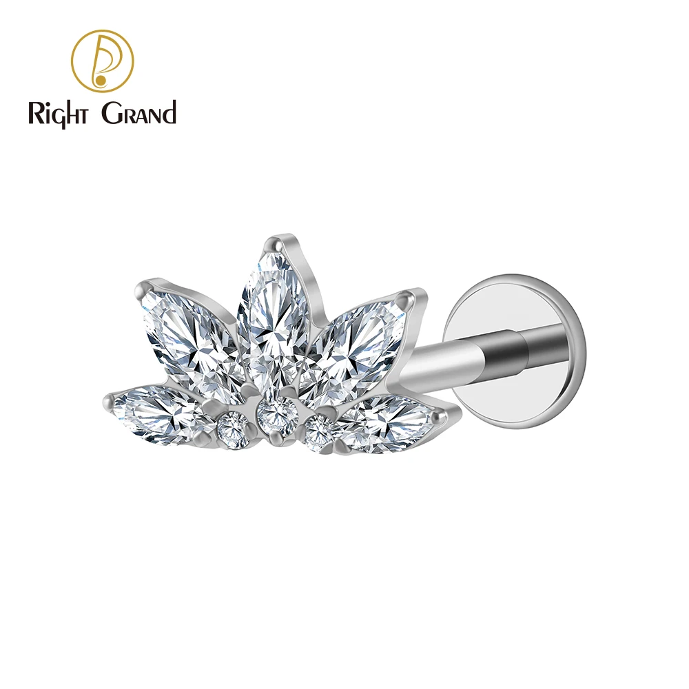 Right Grand ASTM F136 Piercing Titanium Marquise  CZ Flower Flat Back Stud Labret Tragus Helix Labret Piercing Earring Piercing
