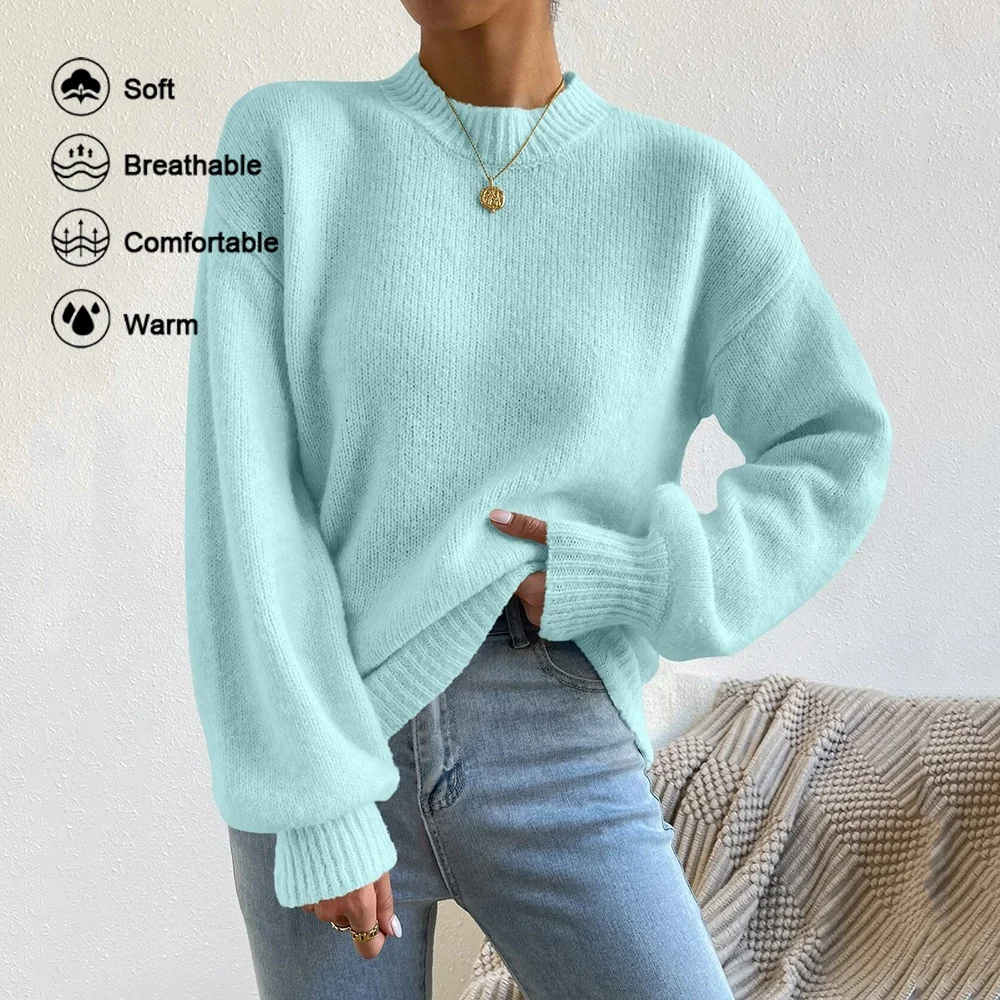 Ladies winter sweater green round neck drop shoulder loose plain knit rib wear merino wool sweater supplier
