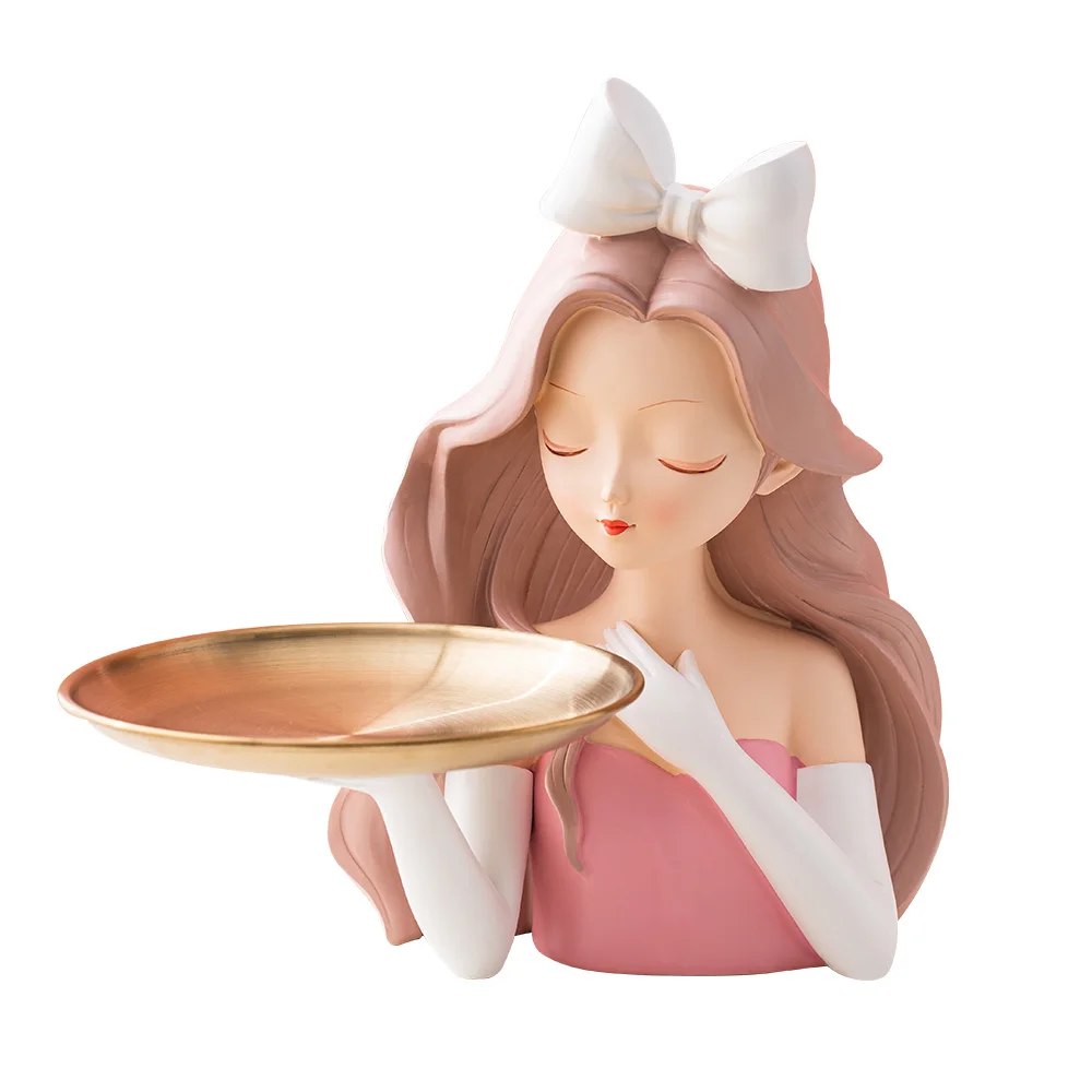 Modern home decoration resin storage tray creative rabbit ears girl metal tray storage