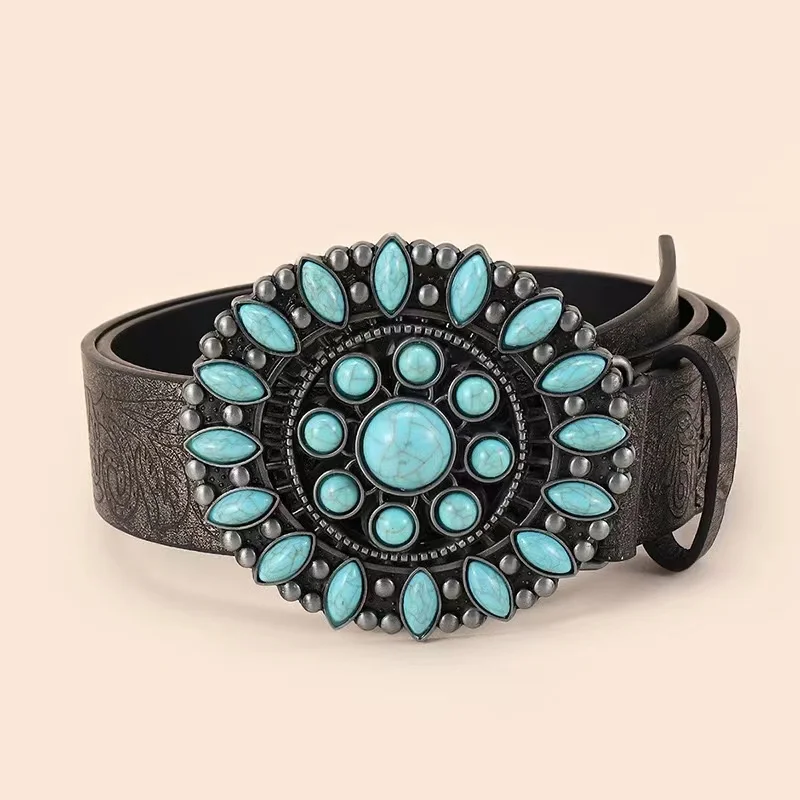 Round turquoise inlay pu belt vintage ethnic belt women belt for dress