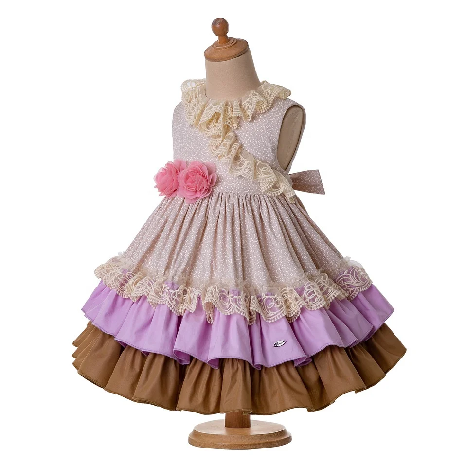 OEM Pettigirl Beige Girl Dress With Pink Flower Lovely Girls Dress For Wedding Summer Child Clothing