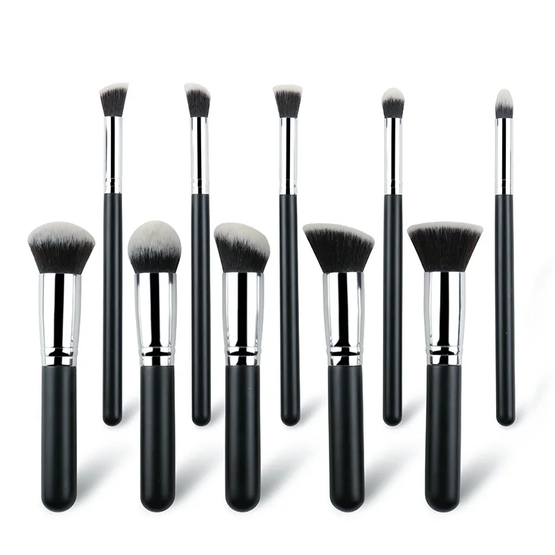 Custom Logo Cosmetic Make Up Brush Kit Cruelty Free 10pcs Classic Black Wood Handle Vegan Hair Makeup Brush Set