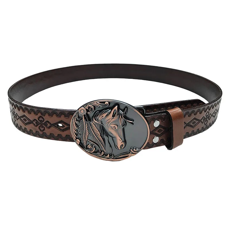 Personality Retro  hand carved   Genuine Leather  man belt Metal buckle