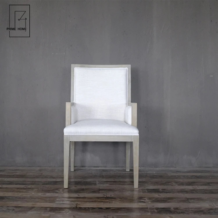 China Wholesale Grey Wooden Feet Elegant Durable Casual White Arm Dining Chair Fabric Armchair