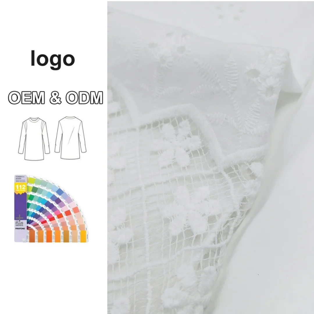 Stunning White Punched Design  fabric Adding a Splash of Color customized pure cotton  embroidery fabric for Tops