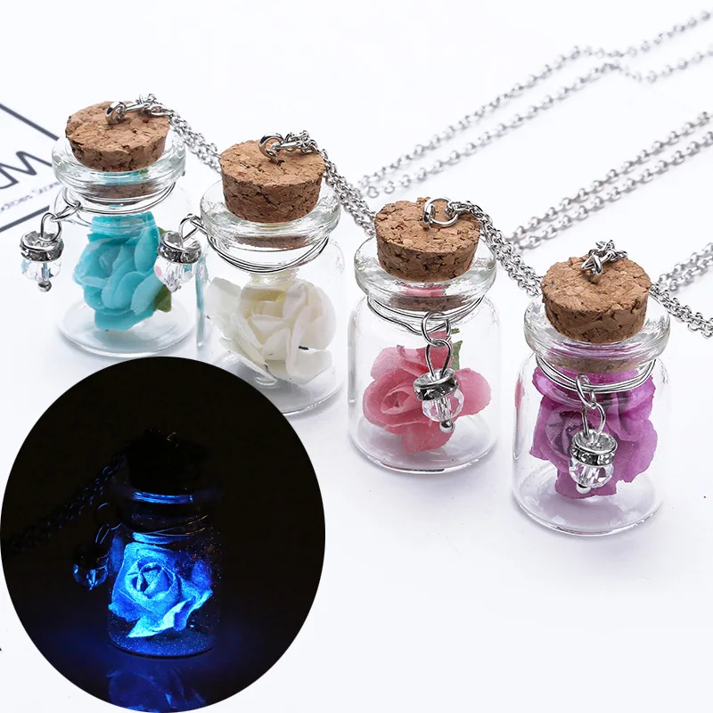 Drift Bottle Dried Flower Pendant Necklace Creative Luminous Crystal Glass Vial Pendant Necklace Personality Gift
