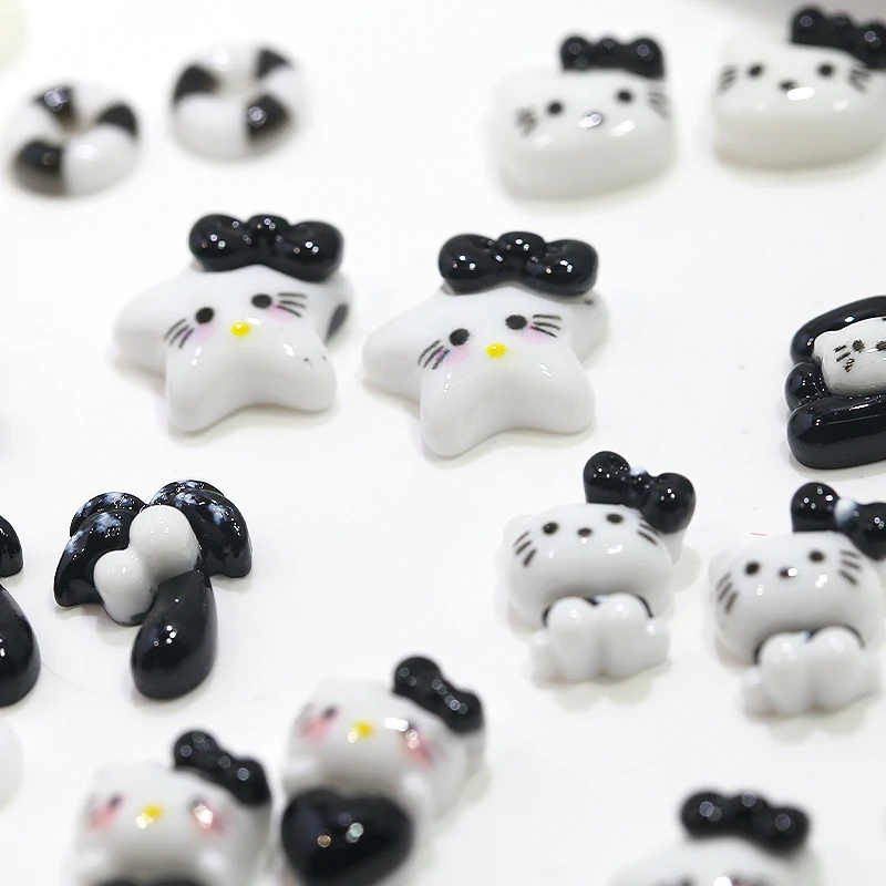 New 3d Black White Cartoon KT Cat Nail Accessories Cute Katy Cat Bow Flat Back Resin Rhinestone Nail Art Charms