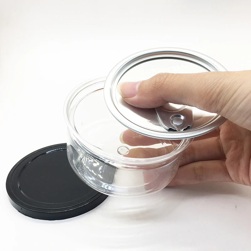 Childproof tuna can ring pull plastic container 3.5gram 100ml plastic metal tin with Black or Clear Lid