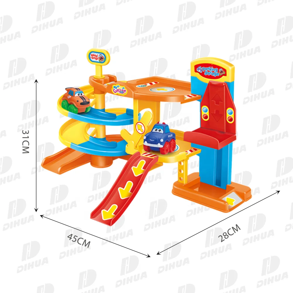 First Parking Garage Toy for 18M Baby Cheap Cartoon Parking Lot Toy with 2 Freewheel Car Easy to Assemble Slot Car Toy Set 19PCS