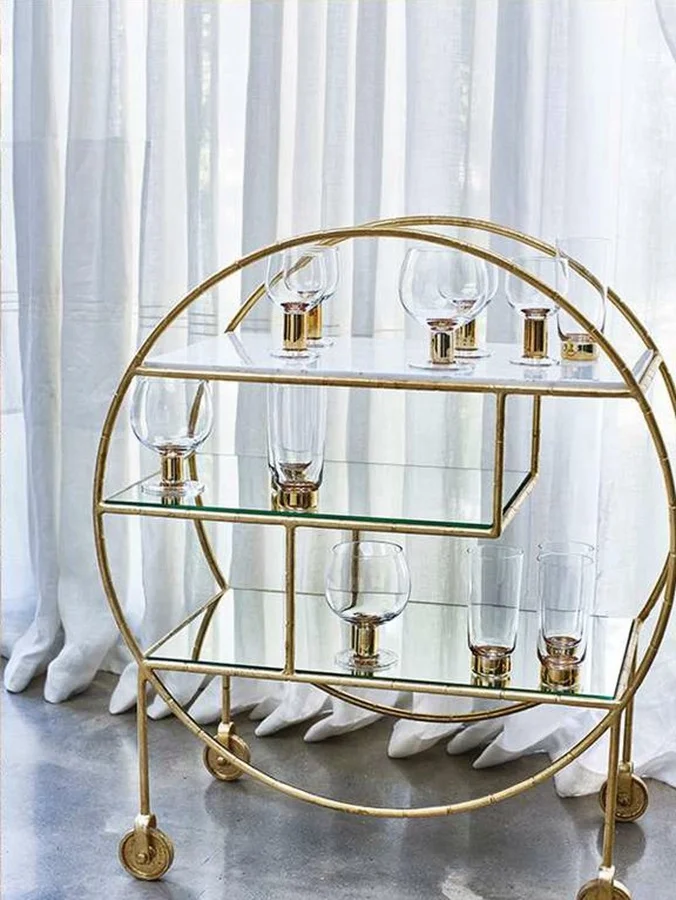 Luxury Golden Metal Round Frame Glass Marble Hotel Trolley Serving Bar Cart