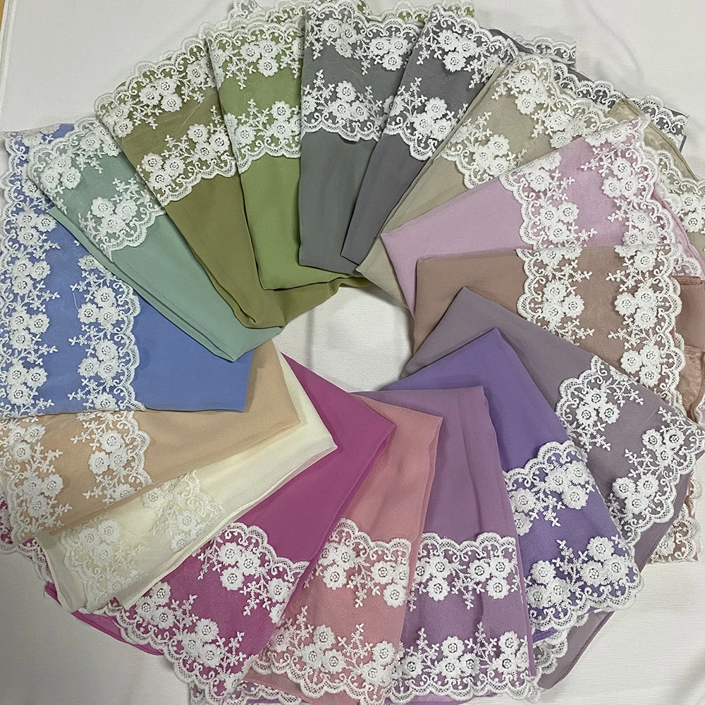 2022 Trendy Women Embroidered Lace Hijab Stitching Chiffon Scarf Hijabs Long Size White Lace Elegant Shawls Wrap Foulard