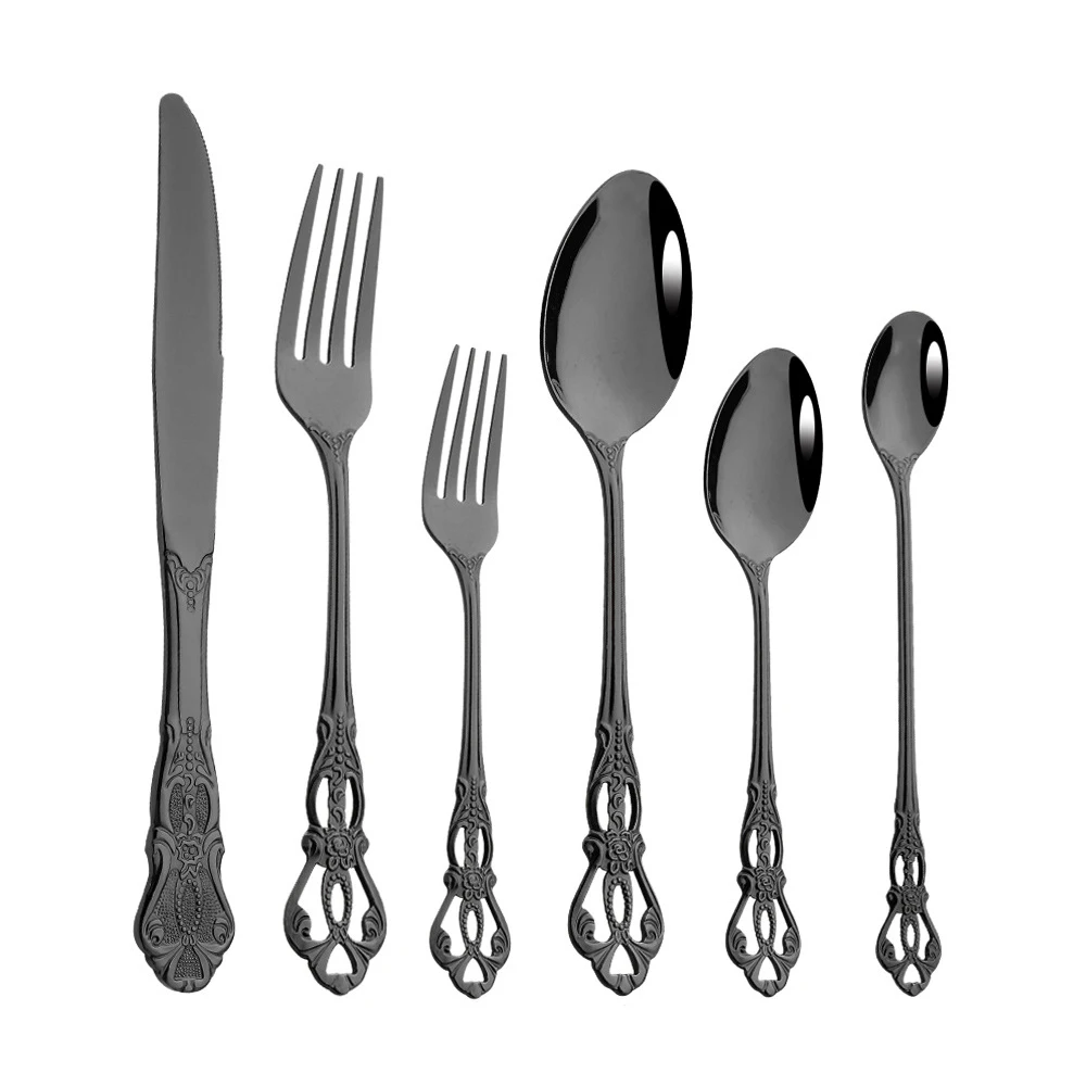 Dozen 12 pcs Gold Embossing Stamp Seafood Fork Cheese Knife Bouillon Spoon Cutlery Set Iced Teaspoon