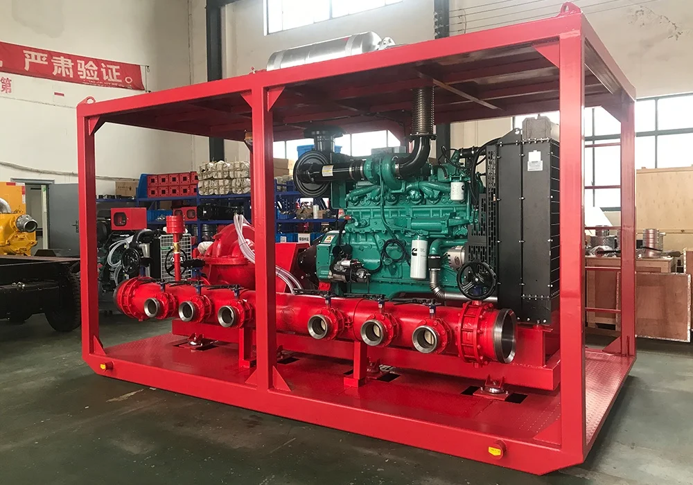 Marine high flow self-priming centrifugal pump driven by diesel engine