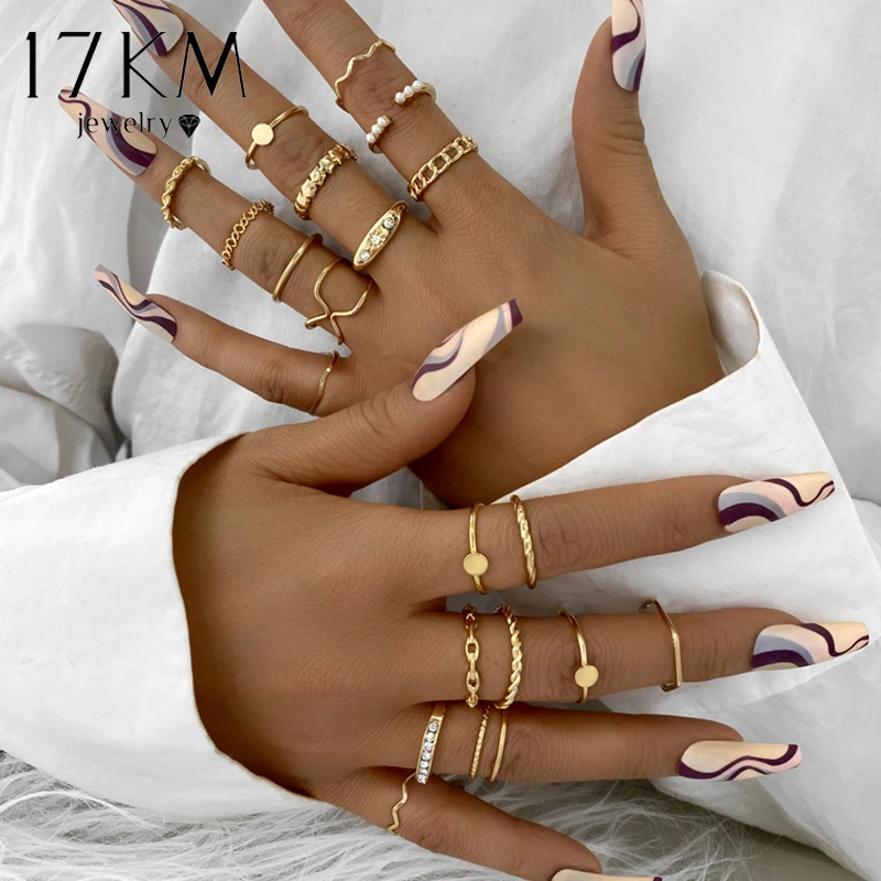 17KM Metal Gold Color Butterfly Ring Set Trendy Pink Crystal Stone Ring Women Fashion Bohemian Heart Animal Snake Rings Jewelry