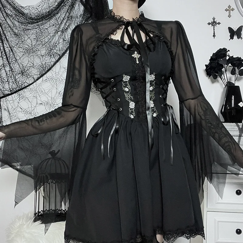 Stand collar lace stitching lace-up blouse Gothic punk dark style short sheer top for women