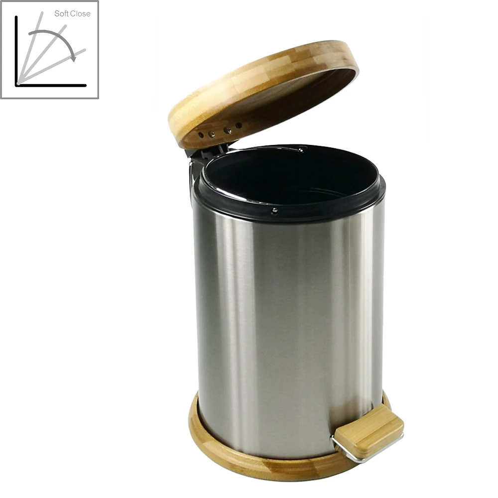 Soft Close Garbage Container Foot Pedal bin with Removable Inner Wastebasket Round Metal Trash Can with Bamboo Lid and Base