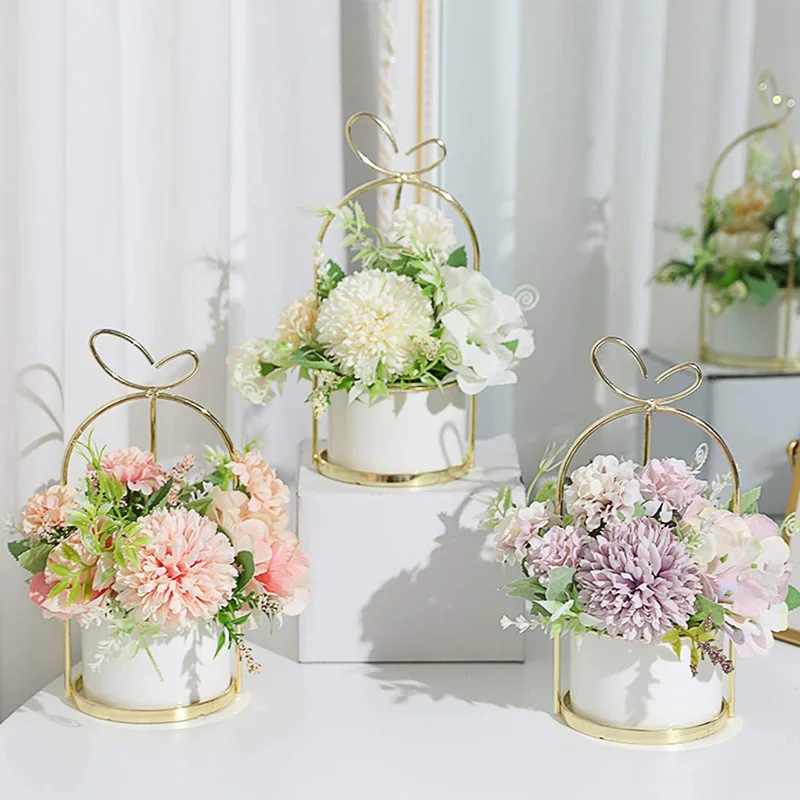 Artificial Flower Hanging Planter Pot Artificial Flower Set with Ceramic Golden Vase for Wedding Home Decor