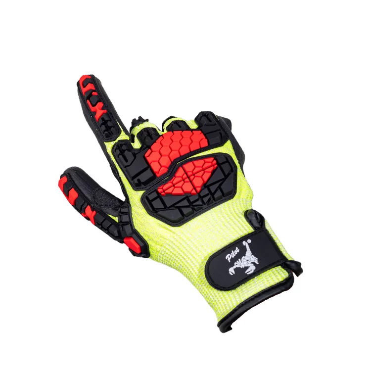 Fluorescent Yellow HPPE Anti-Impact Safety Gloves Coated Foam Nitrile Palm Thumb Crotch Reinforced TPR on Back and Fingers