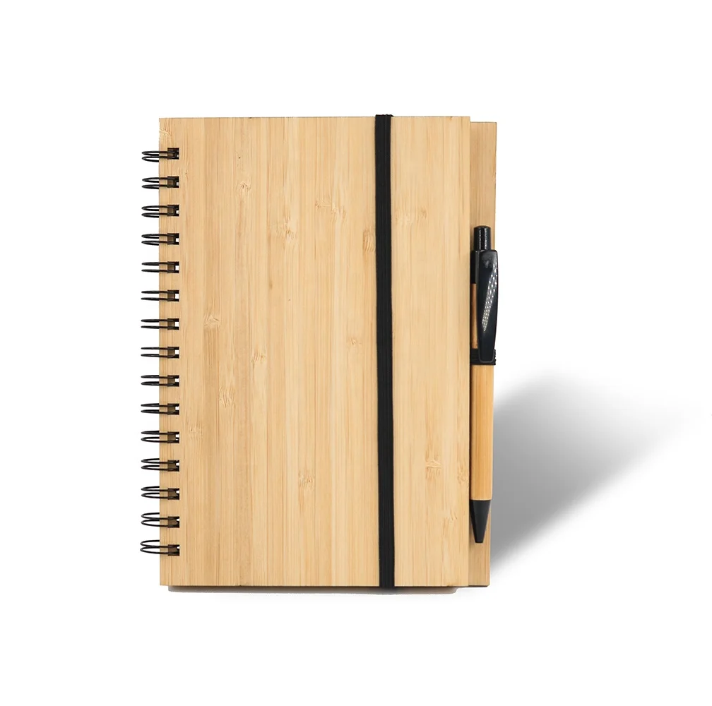 Eco-friendly custom logo  A5 wooden bamboo journal diary spiral notebook with pen attached gift set