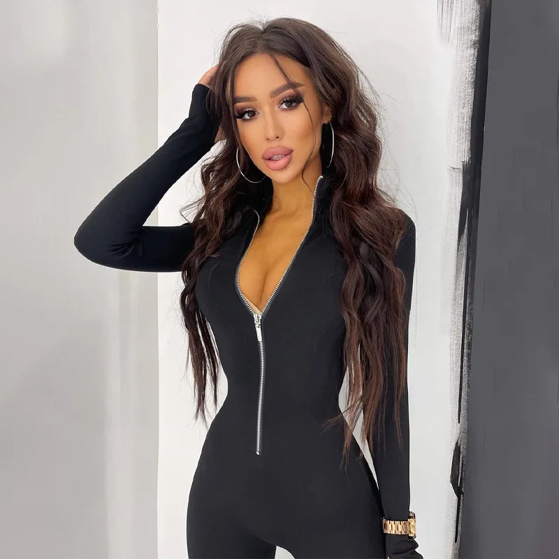 Solid Color Long-sleeved Zipper Waist Slimming Sports One Piece Woman Clothing Legging Jumpsuit