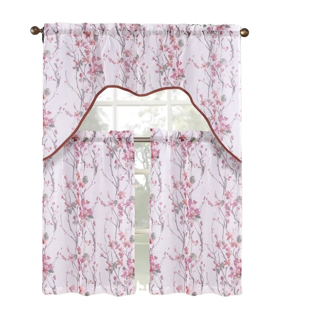 Watercolor flora printed Semi-Sheer Rod Pocket Kitchen Curtain Valance and Tiers Set  3 pieces window curtain set