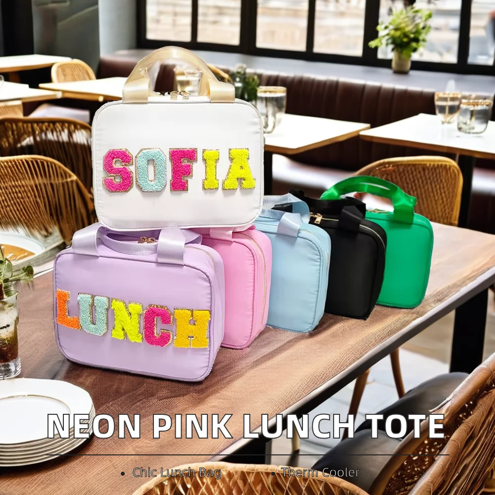 Neon Pink Nylon Insulated Thermal Lunch Tote Bag Lightweight Portable Zipper Cooler for Beach Use RTS In-Stock
