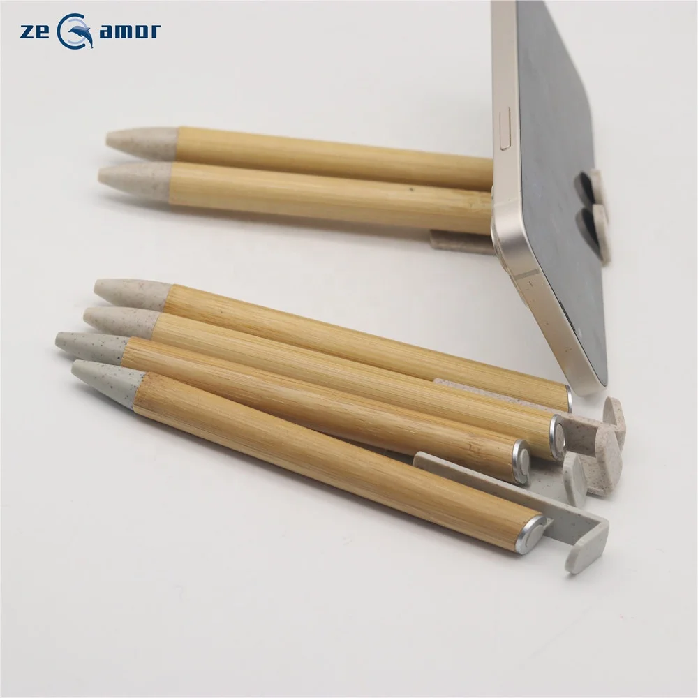 Zeamor lapiceros de bambo Multi Function Promo Gifts ECO Friendly Wheat Straw Clip Logo Custom Natural Bamboo Pen With Phone Hol