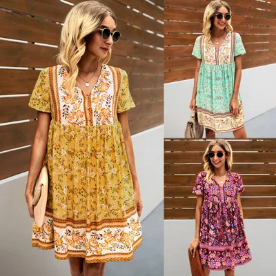 
New Bohemian Vintage Floral Print Boho Dress V-neck Button Short Sleeve A-line Dress Summer Chic Women Casual Loose Dress 
