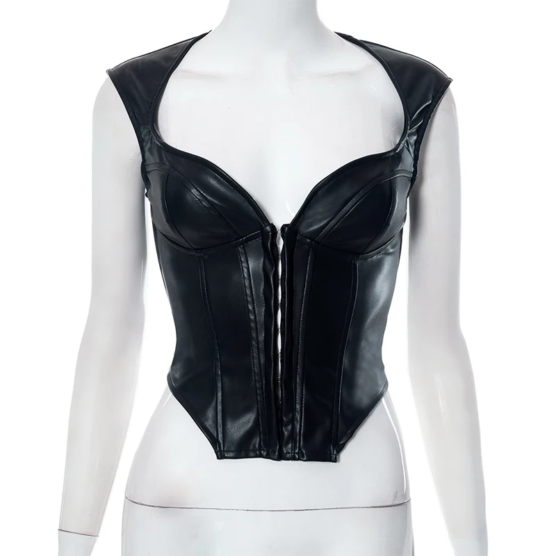 Vintage Women PU Leather Bodysuit Hook Closure Shaper Corset Top