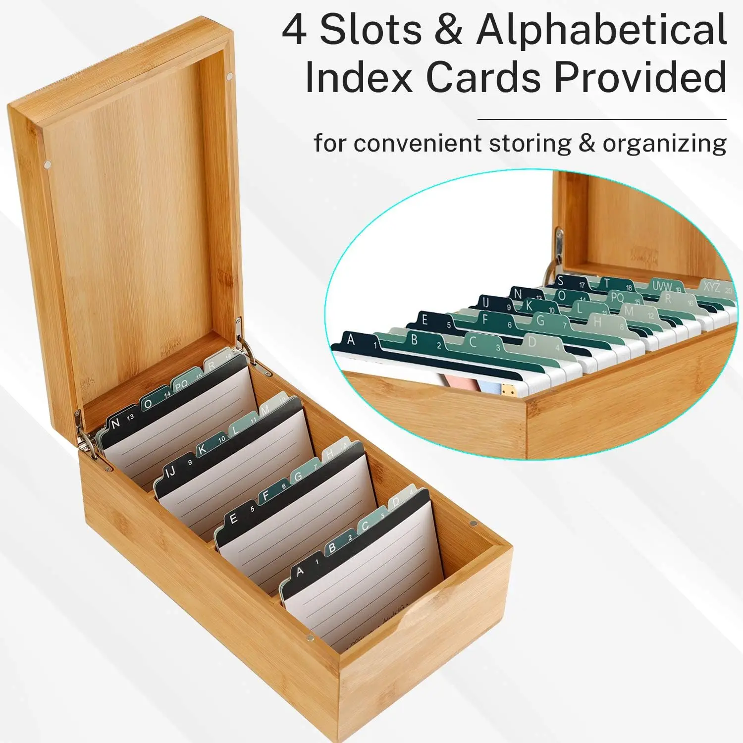 Wooden Index Card Holder Organizer for Desk with 4 Dividers Bamboo Index Card Box Recipe Flash Card Holder