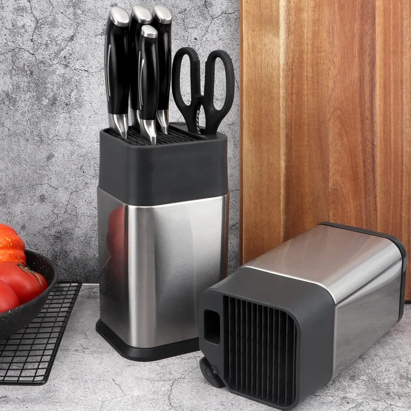 Universal Stainless Steel Knife Standing Holder Space-Saver Knife Storage with Sharpening Edge and Scissors Slots Block