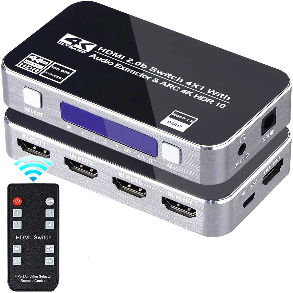 Top Sale 2.0 4K HDMI switch  4 in 1 out switcher with audio separation HDMI2.0 switcher 4 input 1 output  with ARC for TV