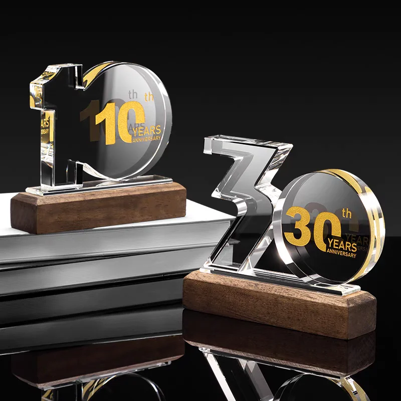 JN Etched Crystal Glass Medal Awards Crystal Glass Digital Trophy Award Custom Number Logo Digital Crystal Trophy With Wood Base