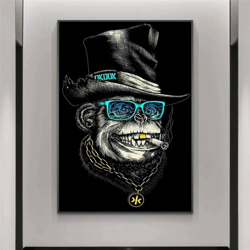 Black Hat And Golden Necklace Funny Smoking Monkey Poster And Print Canvas Painting On Wall Art Animal Picture Modern Home Decor