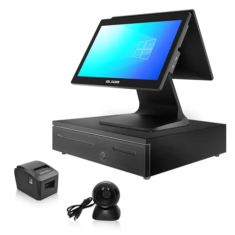 All aluminum classic base design 15.6+15.6 inch cash register pos machine rotation credit card terminal stand in pos system