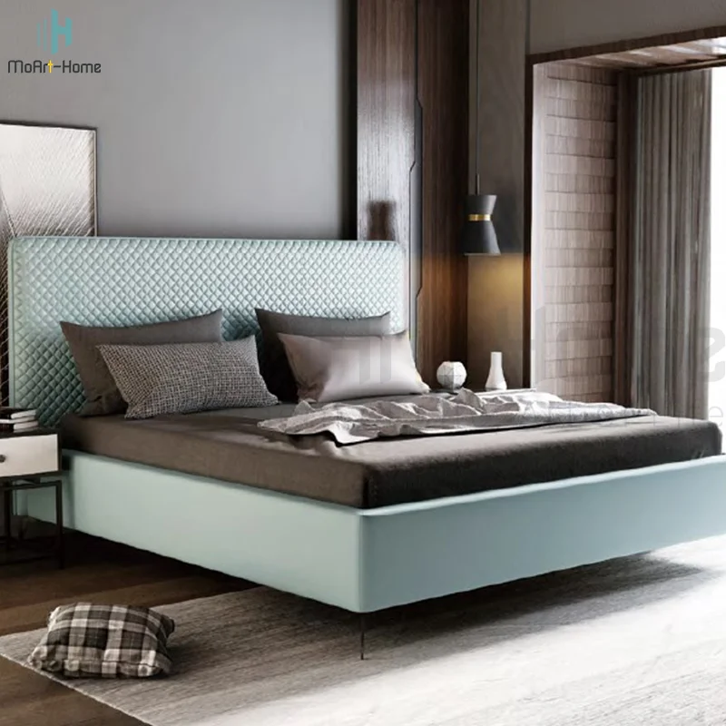 Luxury Bedroom Furniture Upholstered Real Leather Italian Bed Blue Extended Headboard King Size BlueLeather Bed