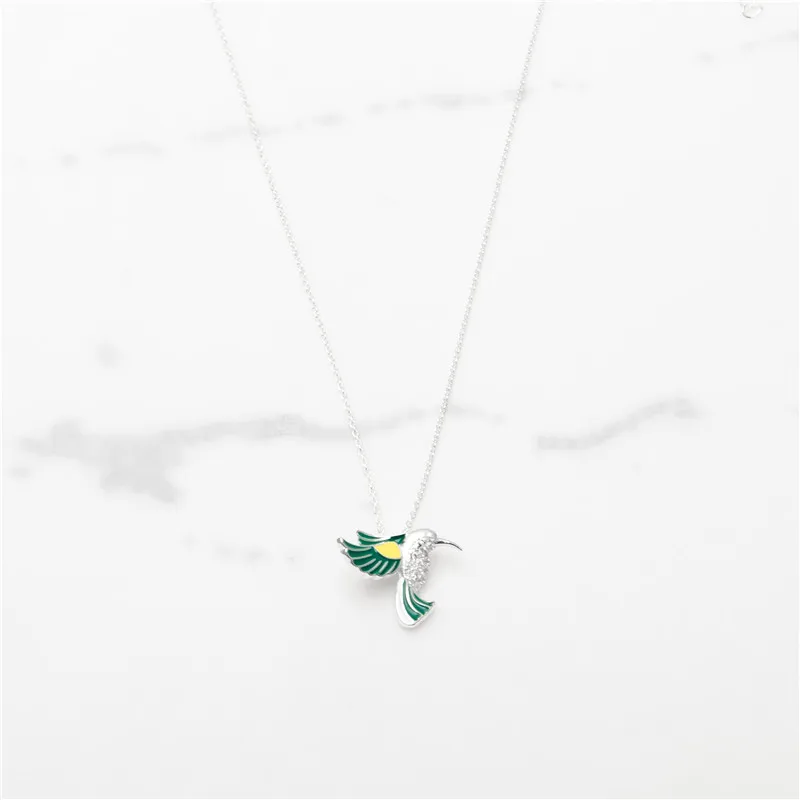 925 Sterling Silver Humming bird Necklace Green Pendant Necklace