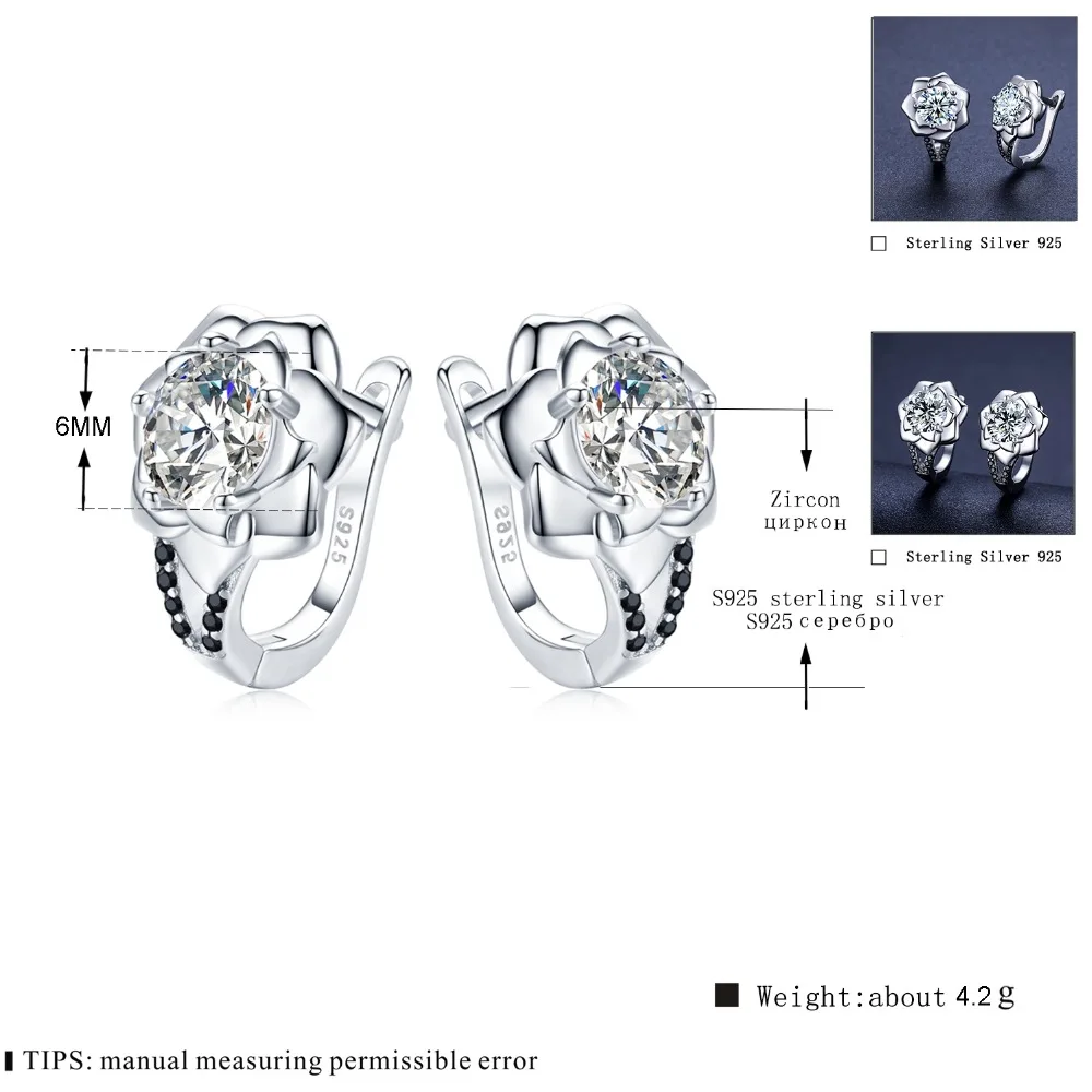 925 Sterling Silver Round Black Trendy Spinel Engagement Flower Hoop Earrings for Women Fine
