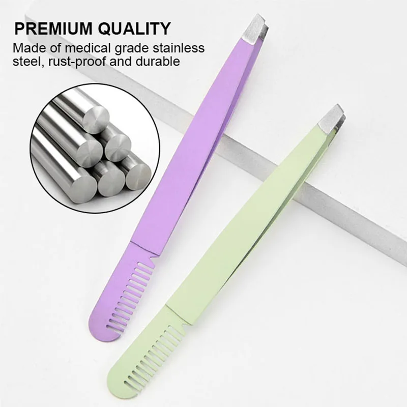 Customized Laser Logo Stainless Steel Ergonomic Design Durable Double Ended Eyebrow Tweezer With Comb for Facial Hair