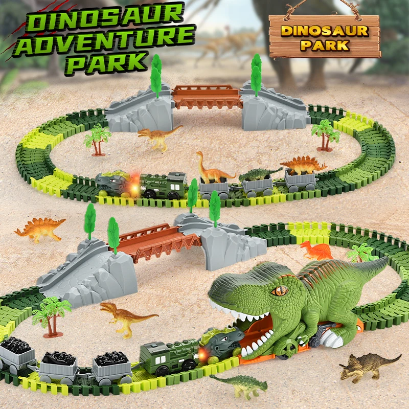 Diy 121 Pcs Dinosaur Race Toy 360 Loop Slide Track Freewheel Diecast Car Double Sliding Track Mini Dinosaur Slot Toy For Kids