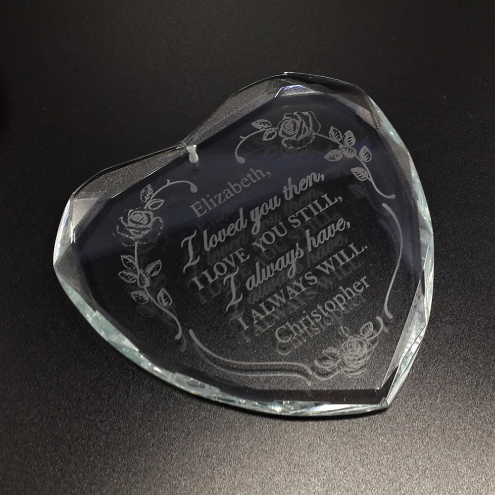 Popular Heart Shaped Text Pattern Crystal Glass Ornaments Christmas Decoration Ornament Custom